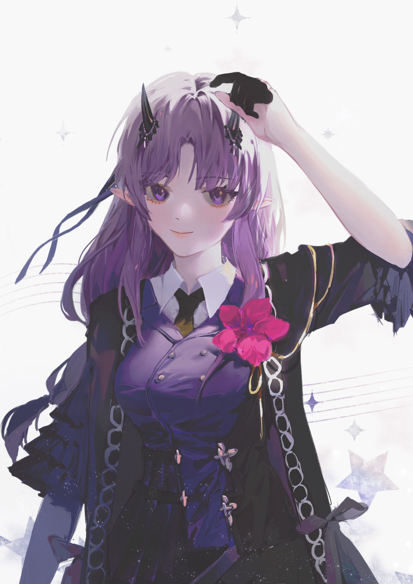 1girl absurdres arknights arm_at_side bangs black_coat black_gloves black_necktie blush buttons closed_mouth coat collared_shirt demon_horns flower galileo_(weishuiqingyi) gloves half_gloves hand_up hibiscus_(arknights) hibiscus_the_purifier_(arknights) highres horns lips long_hair looking_at_viewer necktie open_clothes open_coat parted_bangs pink_flower pointy_ears purple_eyes purple_hair purple_vest shirt smile solo sparkle upper_body very_long_hair vest white_background white_shirt