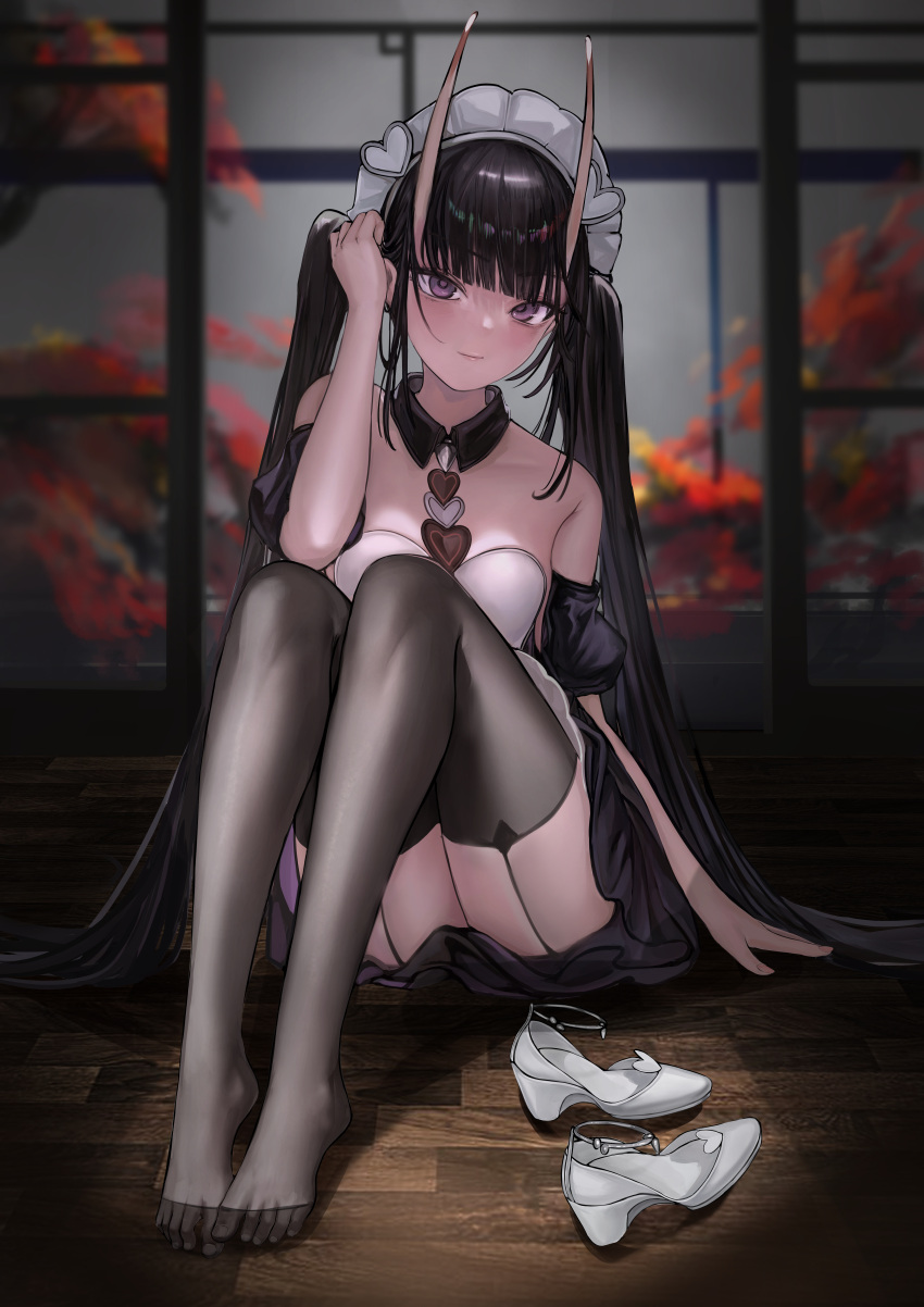 1girl absurdres arm_support azur_lane bangs bare_shoulders black_legwear black_skirt blunt_bangs blurry blurry_background blush breasts detached_collar detached_sleeves garter_straps hand_in_own_hair heart highres horns knees_up long_hair looking_at_viewer maid_headdress nikumocchi noshiro_(azur_lane) on_floor purple_eyes shoe_removed sitting skindentation skirt small_breasts solo thighhighs twintails very_long_hair white_footwear