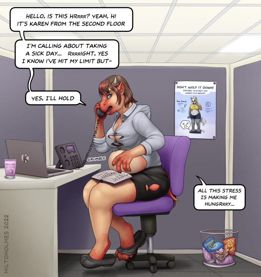 2022 black_bottomwear black_clothing black_skirt blue_eyes book bottomwear brown_hair chair clothing computer dialogue dragon english_text furniture greeting growth hair hi_res holding_object holding_phone horn human inside laptop looking_up mammal miltonholmes office office_chair overweight phone purple_chair red_body rumbling_stomach sitting skirt species_transformation tail_growth text transformation trash_bin weight_gain