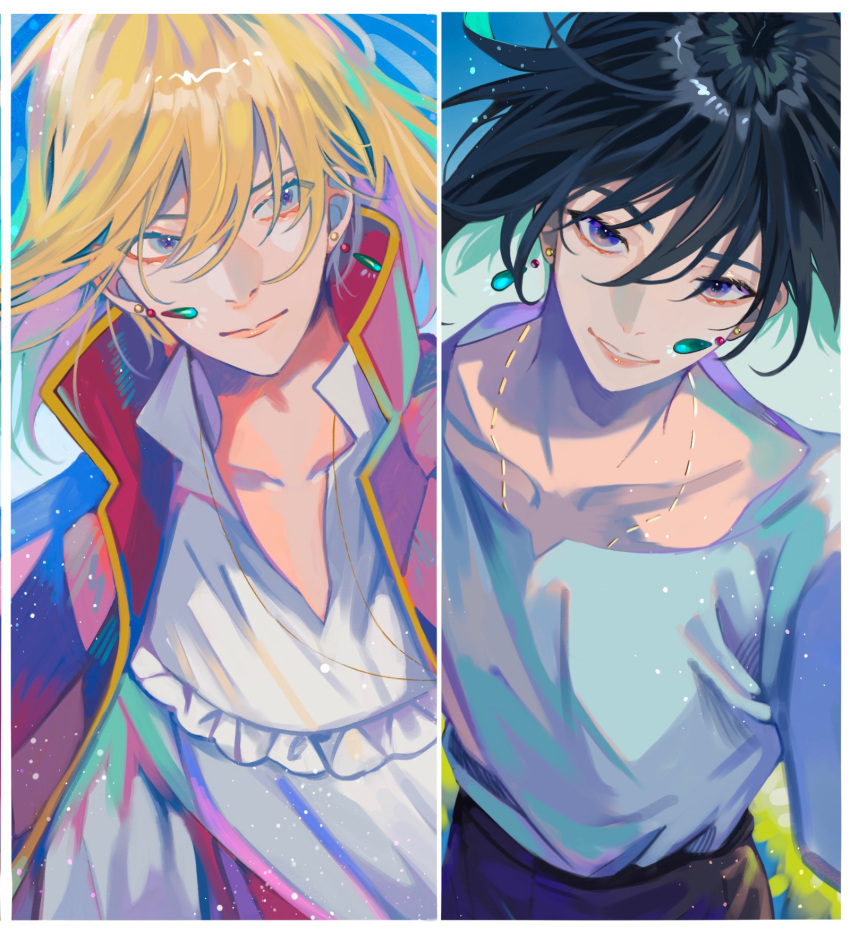 2boys bishounen black_hair blonde_hair closed_mouth dual_persona earrings highres howl_(howl_no_ugoku_shiro) howl_no_ugoku_shiro jewelry lips multiple_boys ponn_mame studio_ghibli