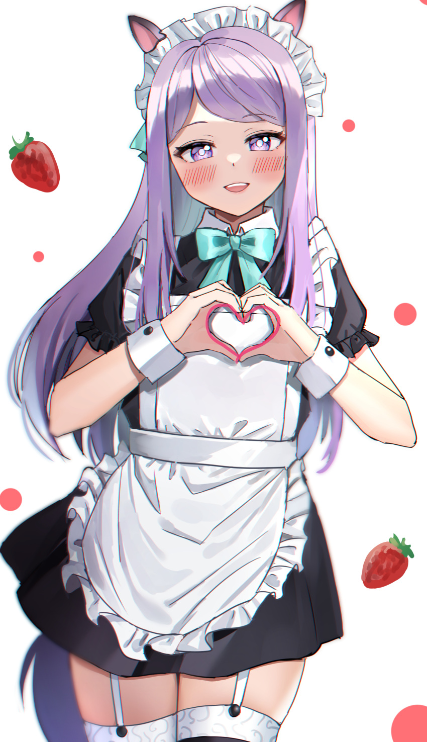 1girl :d absurdres alternate_costume animal_ears apron bangs black_dress black_legwear blue_bow blush bow collared_dress dress enmaided food frilled_apron frills fruit garter_straps heart heart_hands highres horse_ears horse_girl horse_tail kubong long_hair looking_at_viewer maid maid_apron maid_headdress mejiro_mcqueen_(umamusume) puffy_short_sleeves puffy_sleeves purple_eyes purple_hair short_sleeves simple_background smile solo strawberry swept_bangs tail teeth thighhighs umamusume upper_teeth very_long_hair white_apron white_background