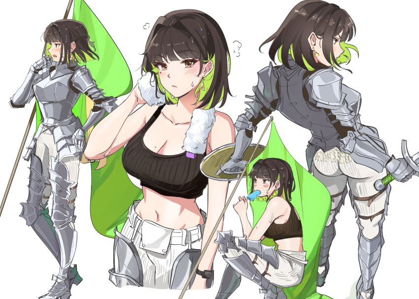 1girl absurdres armor armored_boots bangs banner bare_shoulders blush boots breasts brown_eyes brown_hair buckler collarbone drying earrings english_commentary eyebrows_behind_hair flag food gauntlets greaves green_hair highres hot jewelry knight large_breasts mole mole_on_breast mole_under_eye multicolored_hair navel original ormille pauldrons plate_armor popsicle popsicle_in_mouth shield shoulder_armor simple_background stomach streaked_hair sweat sword towel towel_around_neck undressing weapon white_background