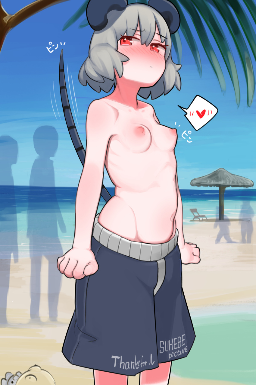 absurd_res animal_humanoid beach beach_chair blush breasts clothed clothing english_text erect_nipples exhibitionism female feral grey_hair group hair half_naked hi_res humanoid mammal mammal_humanoid mouse mouse_humanoid murid murid_humanoid murine murine_humanoid navel nazrin nipples palm_tree plant red_eyes rodent rodent_humanoid seaside short_hair silhouette small_breasts sukebepicture swimming_trunks swimwear text touhou tree video_games water