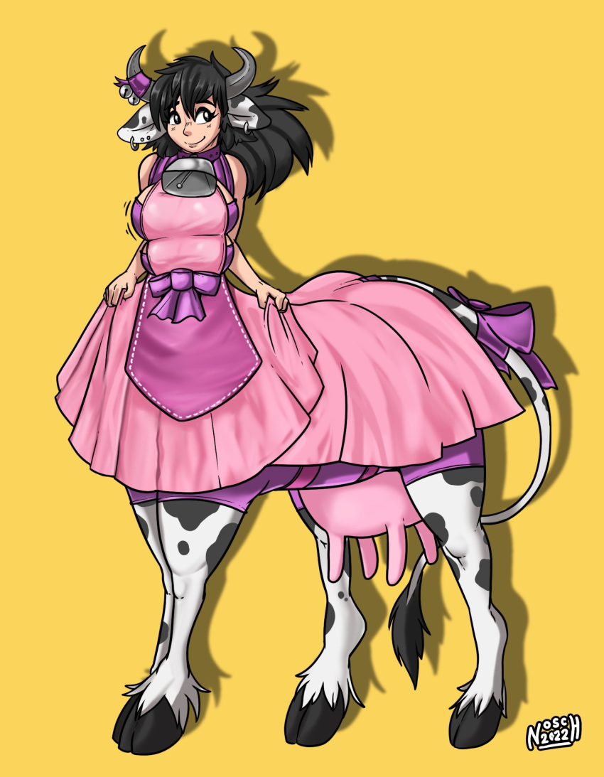 2022 4_breasts accessory bell black_hair bovid bovid_taur bovine bovine_taur breasts cattle cattle_taur clothing collar cowbell dress ear_piercing ear_ring female fur furgonomics hair hi_res hooves horn horn_accessory horn_bell looking_aside mammal mammal_taur multi_breast nosch piercing pink_clothing pink_dress ribbons ring_piercing simple_background smile solo spots spotted_body tail_accessory tail_ribbon taur teats udders white_body white_fur yellow_background