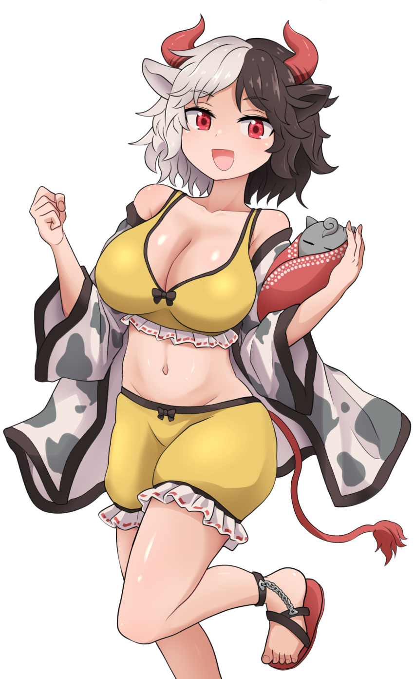 1girl :d animal_ears animal_print bare_shoulders black_hair bra breasts chups cleavage collarbone cow_ears cow_girl cow_horns cow_print cow_tail cowboy_shot frills full_body haori highres holding horns japanese_clothes large_breasts midriff multicolored_hair navel off_shoulder open_mouth red_eyes red_footwear red_horns sandals short_hair shorts simple_background smile sports_bra standing standing_on_one_leg statue tail touhou two-tone_hair underwear ushizaki_urumi white_background wide_sleeves yellow_bra yellow_shorts