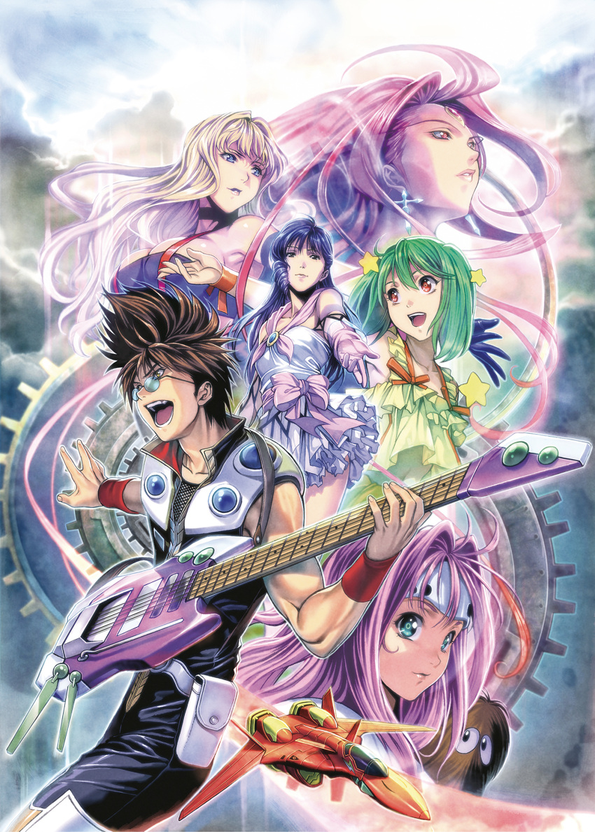 1boy 5girls bangs bare_shoulders black_hair blonde_hair blue_eyes blue_hair breasts brown_hair choker choujikuu_yousai_macross cleavage cloud commentary_request dress earrings electric_guitar fire_valkyrie glasses gloves green_hair guitar guvava highres homare_(fool's_art) idol instrument jewelry large_breasts long_hair lynn_minmay macross macross:_do_you_remember_love? macross_7 macross_frontier macross_plus mecha microphone multiple_girls mylene_jenius nekki_basara open_mouth pink_hair purple_hair ranka_lee red_eyes robot science_fiction sharon_apple sheryl_nome short_hair sky small_breasts sunglasses vf-19