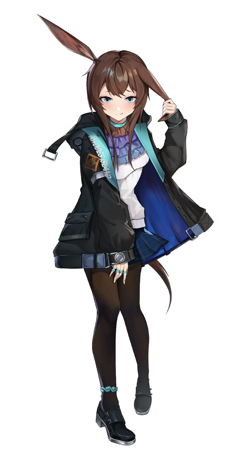 1girl :q amiya_(arknights) animal_ears arknights ascot bangs black_footwear black_jacket black_legwear blue_ascot blue_eyes blue_skirt brown_hair chinese_commentary commentary_request ear_pull full_body highres jacket long_hair long_sleeves looking_at_viewer miniskirt mz-mozi open_clothes open_jacket pantyhose rabbit_ears shirt shoes simple_background skirt smile solo standing tongue tongue_out white_background white_shirt