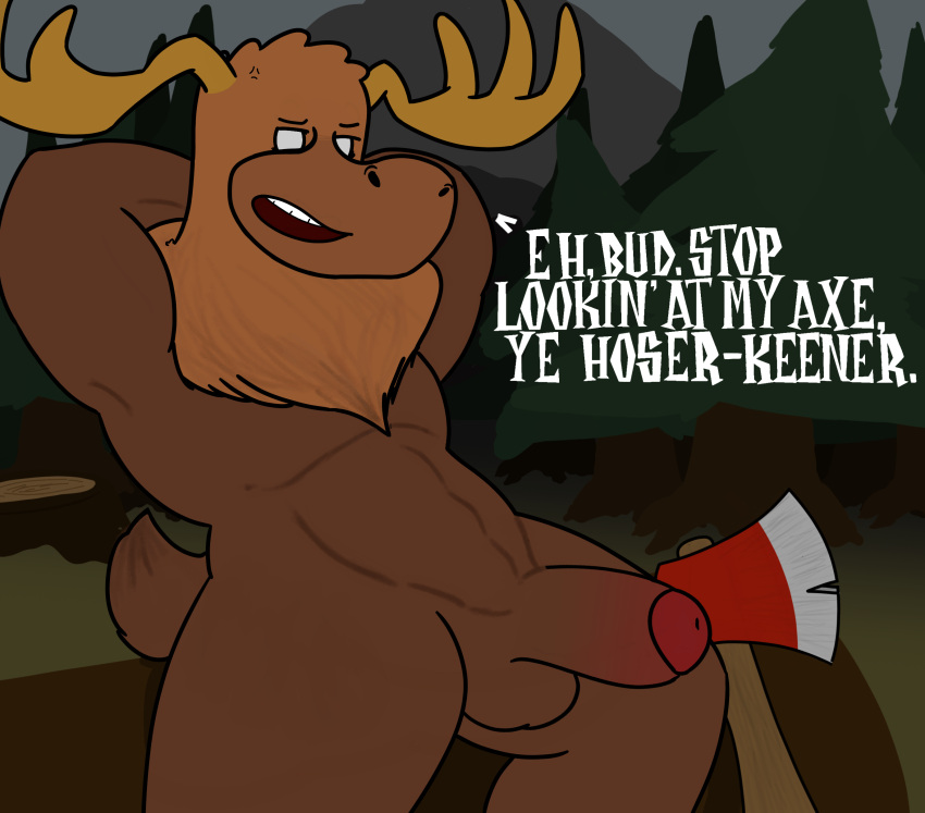abs absurd_res anthro antlers axe balls brown_body brown_fur canada capreoline cervid don't_starve english_text erection forty_(artist) fur genitals hi_res horn klei_entertainment lucy_(don't_starve) male mammal mane melee_weapon moose penis plant slang solo stereotype tail_tuft text tools tree tree_stump tuft video_games weapon woodie_(don't_starve)