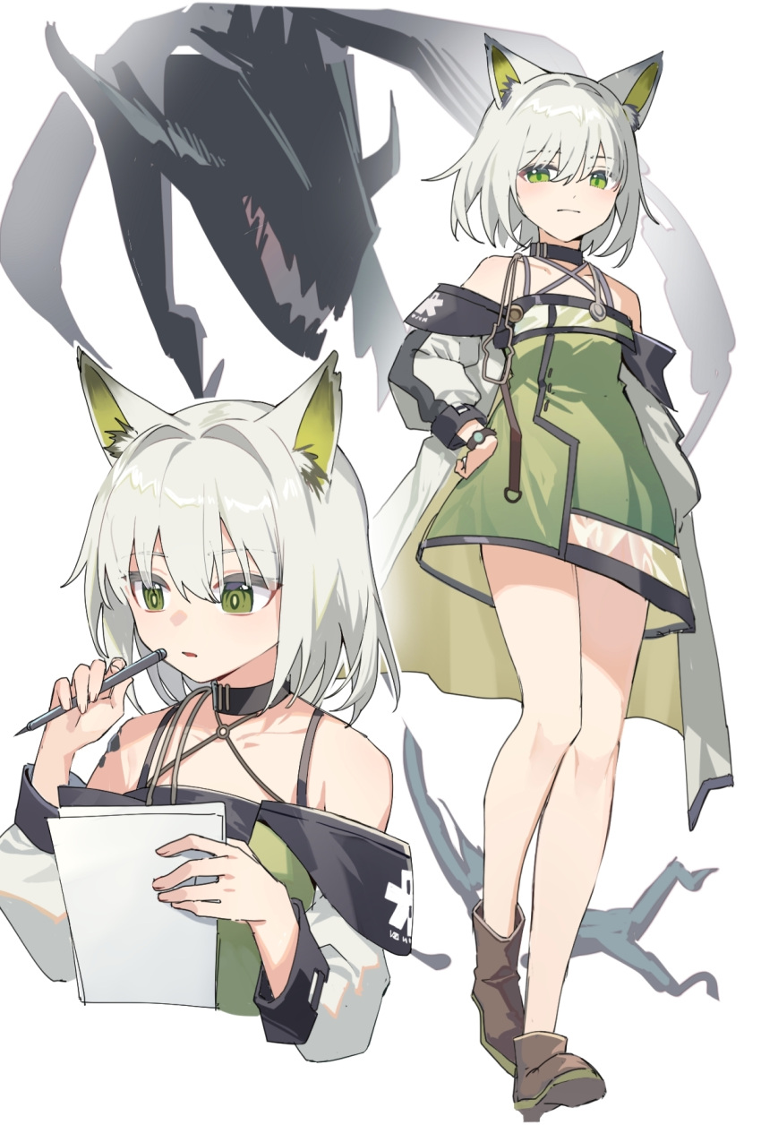 1girl animal_ears arknights bare_shoulders black_collar boots brown_footwear cat_ears cat_girl collar creature criss-cross_halter dress green_dress green_eyes halterneck hand_on_hip highres holding holding_paper holding_pen kal'tsit_(arknights) long_sleeves looking_at_viewer mon3tr_(arknights) multiple_views off-shoulder_dress off_shoulder oripathy_lesion_(arknights) paper pen short_hair simple_background stethoscope watch white_background wristwatch yunweishukuang