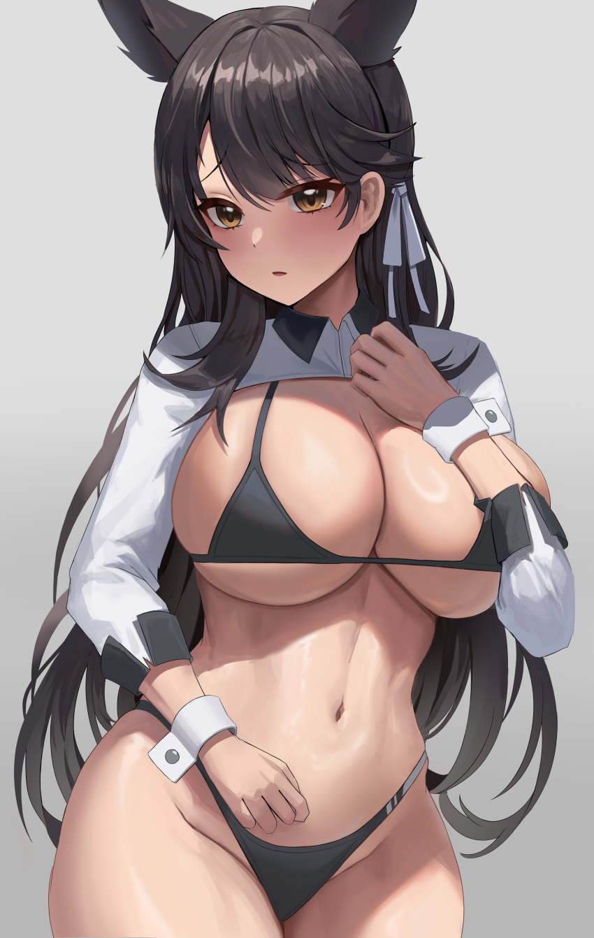 1girl absurdres atago_(azur_lane) atago_(stunning_speedster)_(azur_lane) azur_lane bikini black_bikini black_hair blush breasts brown_eyes cleavage commentary_request crop_top ear_ribbon grey_background hair_ornament highres large_breasts long_hair looking_at_viewer navel official_alternate_costume onedoo race_queen shiny shiny_hair simple_background skindentation solo stomach swimsuit wrist_cuffs
