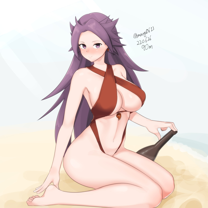 1girl absurdres blush bottle breasts dated full_body highres jun'you_(kancolle) kantai_collection large_breasts long_hair looking_at_viewer magatama maru_(marg0613) nose_blush purple_eyes purple_hair red_swimsuit sand simple_background sitting slingshot_swimsuit solo spiked_hair swimsuit twitter_username wariza white_background