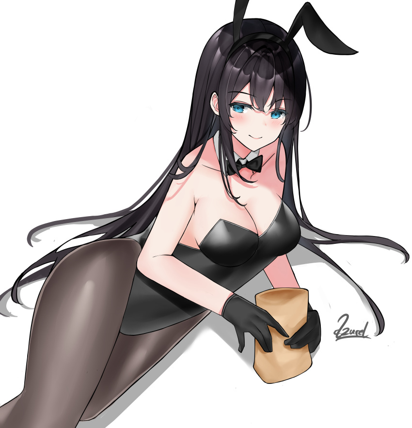 1girl absurdres animal_ears azurel577 bangs bare_arms bare_shoulders black_bow black_bowtie black_gloves black_hair black_legwear black_leotard blue_eyes blush bow bowtie breasts cleavage detached_collar fake_animal_ears gloves highres holding leotard long_hair looking_at_viewer medium_breasts original pantyhose playboy_bunny rabbit_ears self_upload smile solo strapless strapless_leotard thighs very_long_hair