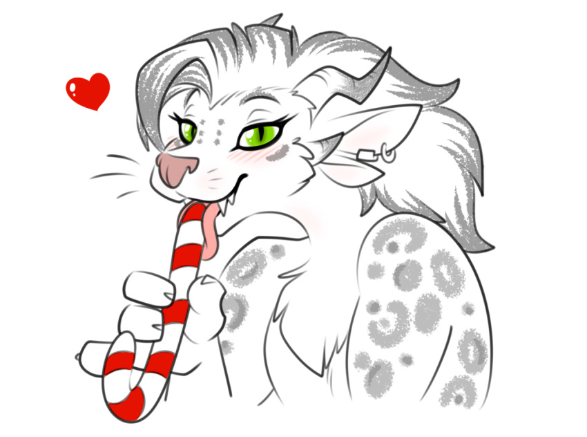 &lt;3 4_ears 4_fingers anthro blush blush_lines candy candy_cane charr chest_tuft claws dessert ear_piercing fangs felid female fingers food fur green_eyes guild_wars hair halbean holding_candy holding_food holding_object horn licking licking_candy looking_at_viewer mammal markings multi_ear nude piercing provocative simple_background smile solo teeth tongue tongue_out tuft video_games whiskers white_background