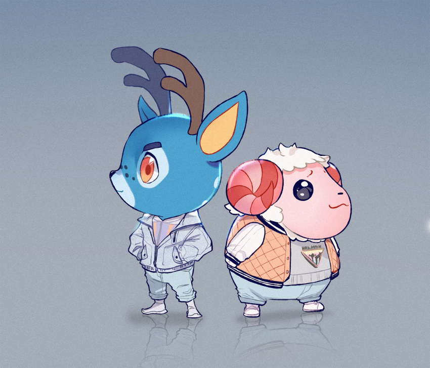 2020 animal_crossing antlers bam_(animal_crossing) blue_body bovid caprine cervid clothing curved_horn digital_media_(artwork) dom_(animal_crossing) duo footwear freckles grey_background hi_res horn jacket male mammal nintendo raspbeary sheep shoes simple_background smile topwear video_games