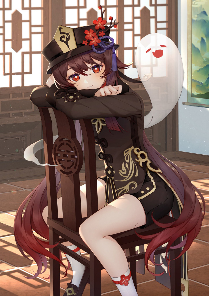1girl black_shorts blush brown_hair chinese_clothes coat flower flower-shaped_pupils genshin_impact ghost gradient_hair hat hat_ornament highres hu_tao_(genshin_impact) looking_at_viewer multicolored_hair plum_blossoms porkpie_hat red_eyes red_shirt shirt shorts sidelocks sitting symbol-shaped_pupils thighs twintails usamochi.