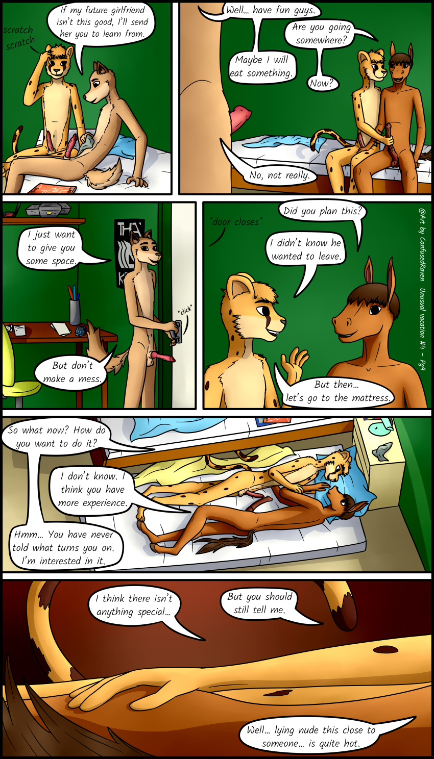 absurd_res anthro bed canid canine canis cheetah comic confusedraven dialogue domestic_dog duo equid equine erection felid feline furniture genitals group handjob hi_res horse lying male male/male mammal night penile penis sex touching_penis