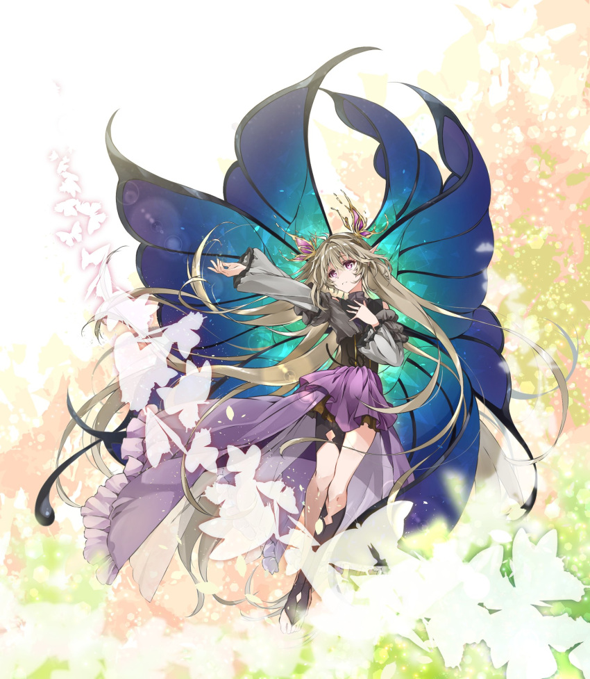 1girl asymmetrical_legwear black_legwear black_shirt bug butterfly butterfly_hair_ornament butterfly_wings corset fujishiro_kazuha full_body grey_jacket hair_between_eyes hair_ornament hand_on_own_chest highres jacket light_brown_hair long_hair looking_to_the_side off_shoulder original outstretched_arm overskirt parted_lips pointy_ears purple_eyes purple_skirt shirt silhouette skirt solo the_empress_(tarot) toeless_legwear turtleneck wings