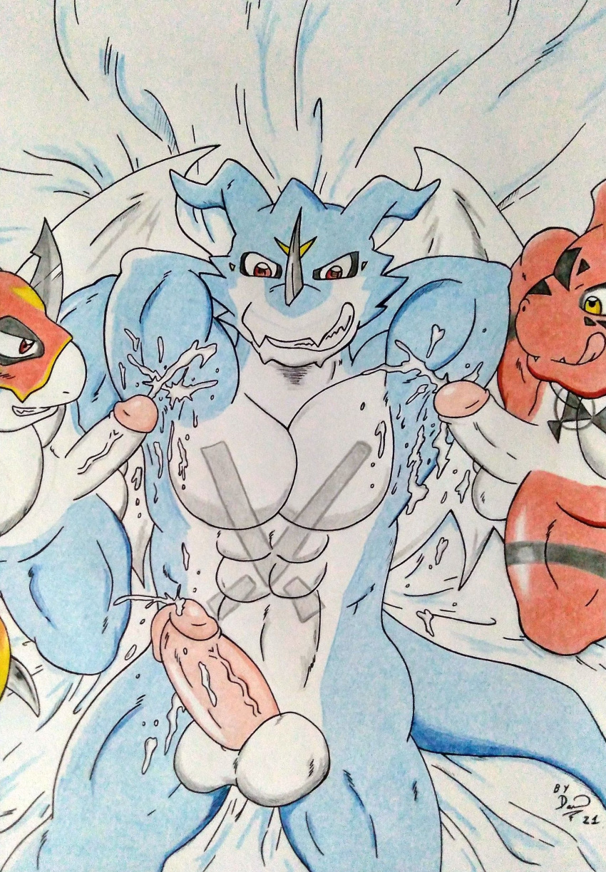 absurd_res anthro armpit_fetish bandai_namco bedroom_sex bodily_fluids cum cum_on_armpit dashthefox digimon digimon_(species) dragon duo exveemon flamedramon genital_fluids genitals group guilmon hi_res male male/male muscular pecs penis sex traditional_media_(artwork) trio