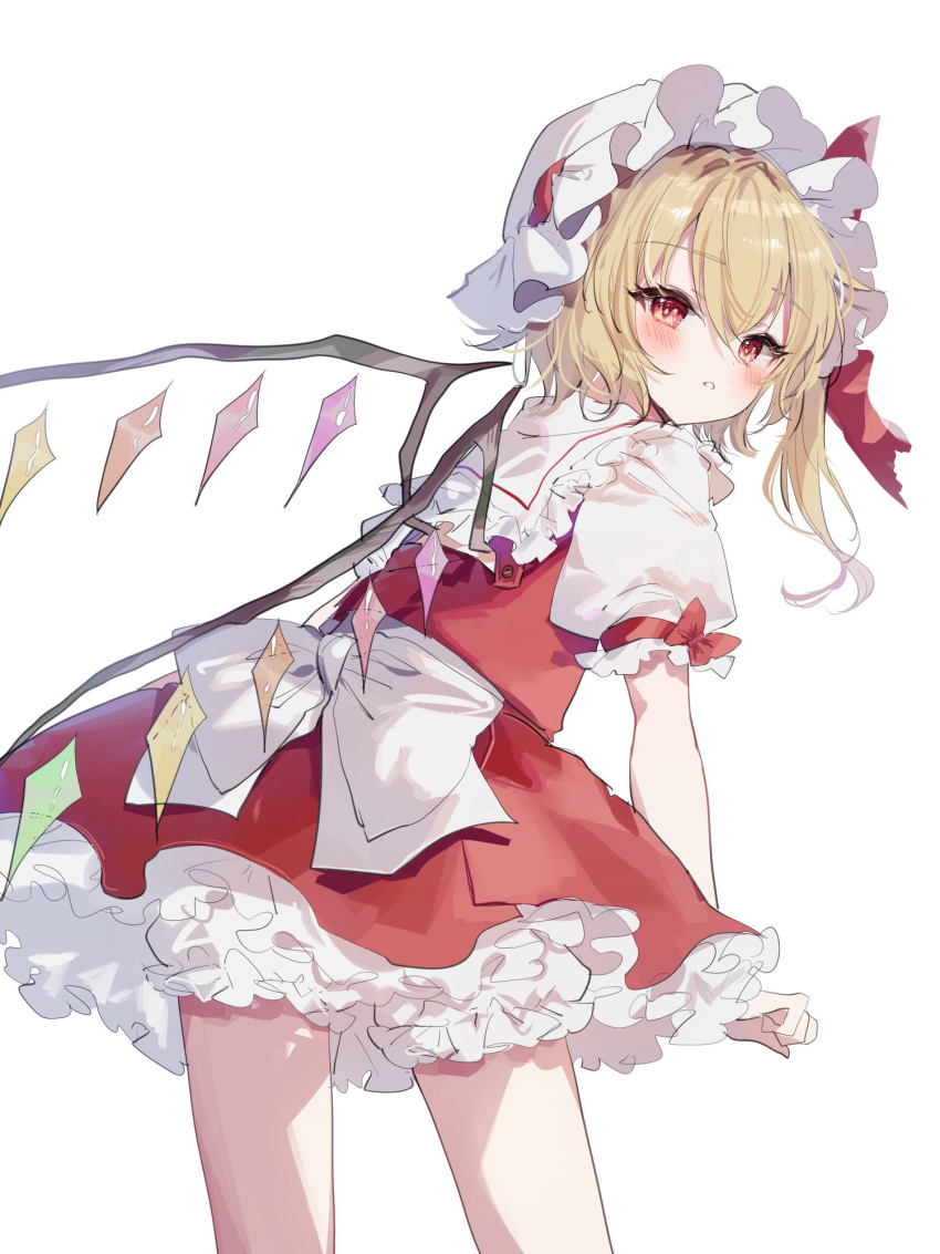 1girl blonde_hair bloomers blush cowboy_shot crystal flandre_scarlet frills from_behind hat hat_ribbon highres looking_back mob_cap one_side_up petticoat puffy_short_sleeves puffy_sleeves red_eyes red_skirt red_vest ribbon shirt short_sleeves simple_background skirt solo sorani_(kaeru0768) touhou underwear vest white_background white_bloomers white_headwear wings
