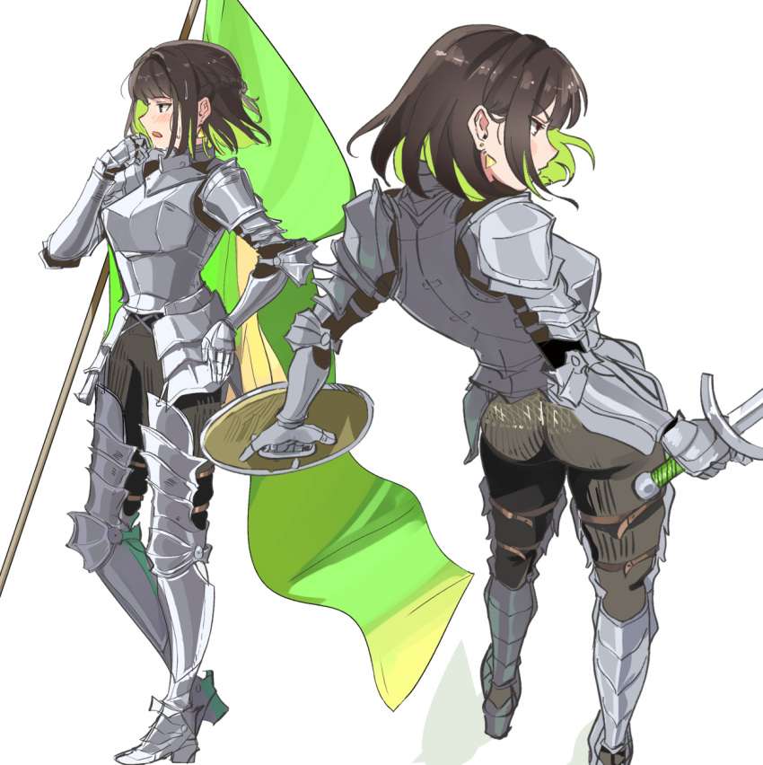 1girl armor armored_boots bangs banner blush boots brown_eyes brown_hair buckler collarbone earrings english_commentary eyebrows_behind_hair flag food gauntlets greaves green_hair highres hot jewelry knight multicolored_hair navel original ormille pauldrons plate_armor popsicle popsicle_in_mouth shield shoulder_armor simple_background stomach streaked_hair sweat sword undressing weapon white_background