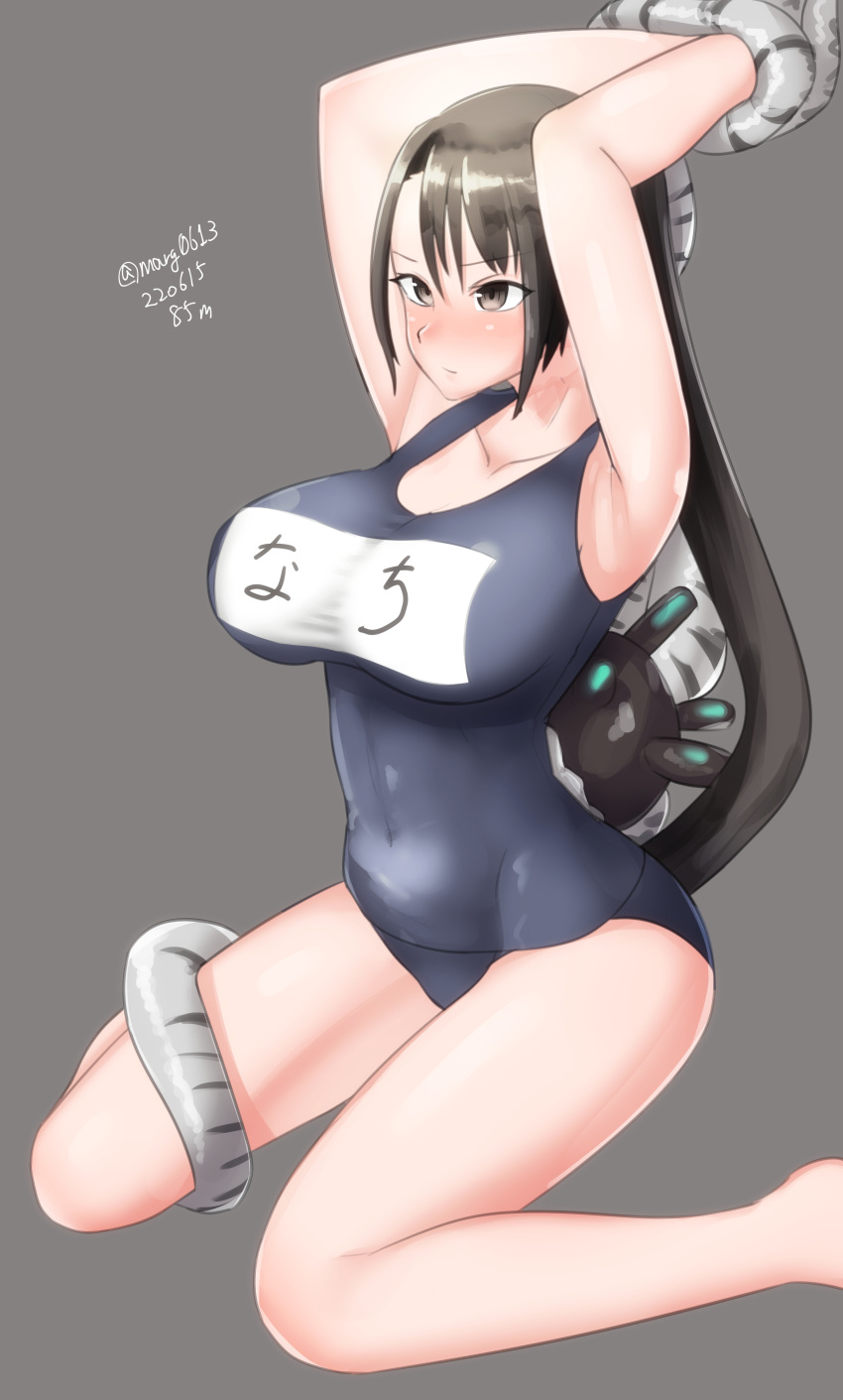 1girl absurdly_long_hair absurdres abyssal_ship alternate_costume arms_up black_hair blue_swimsuit breasts brown_eyes dated enemy_naval_mine_(kancolle) grey_background highres kantai_collection large_breasts long_hair maru_(marg0613) nachi_(kancolle) name_tag restrained school_swimsuit side_ponytail simple_background solo swimsuit teeth tentacles twitter_username very_long_hair