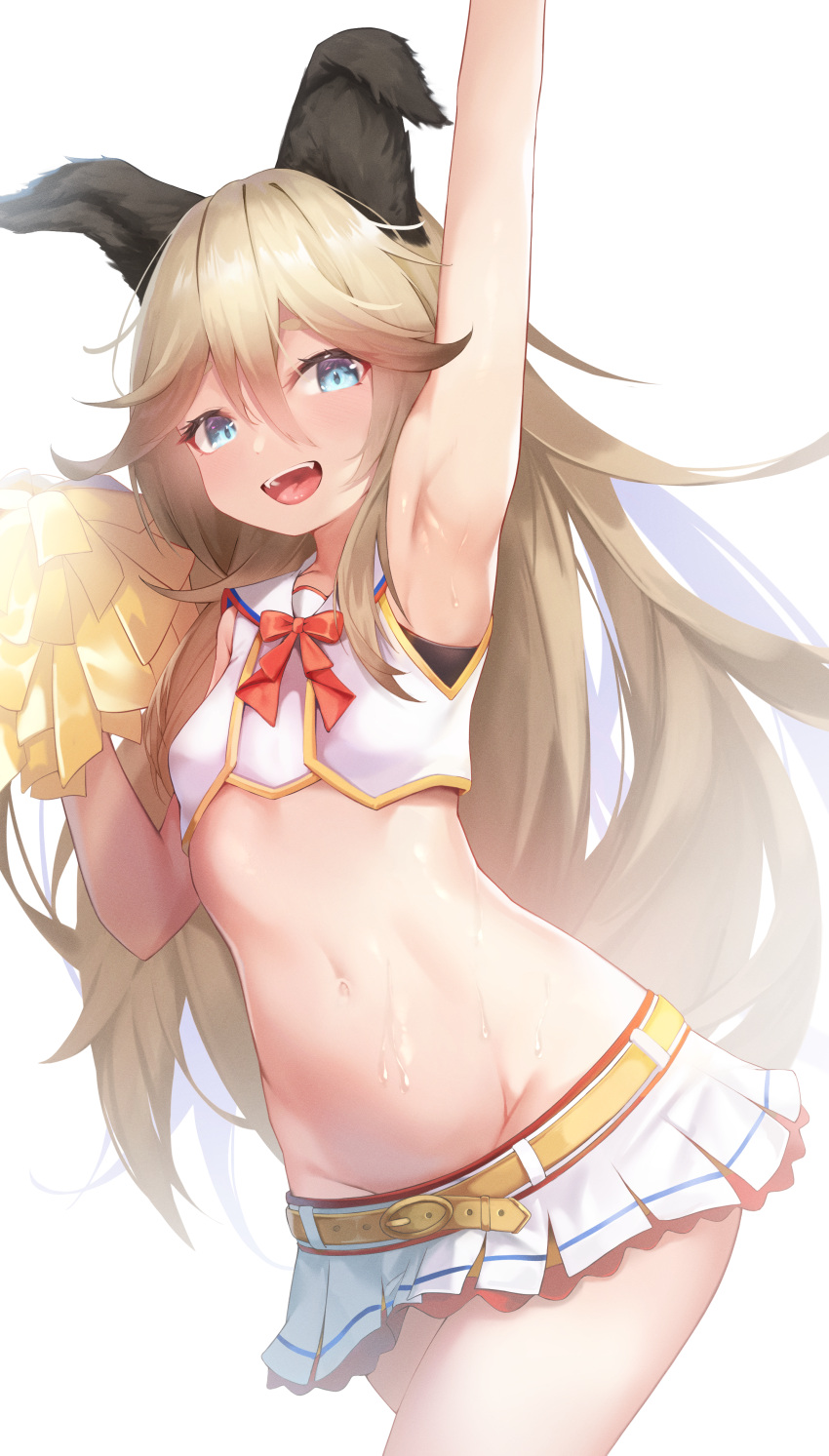 1girl :d absurdres animal_ears aoinu_(aoinu_99) arm_up armpits blonde_hair blue_eyes breasts cheerleader dog_ears dog_girl groin hair_between_eyes highres indie_virtual_youtuber kudo_raika long_hair looking_at_viewer navel pom_pom_(cheerleading) shiny shiny_hair simple_background skirt small_breasts smile solo stomach sweat teeth upper_teeth virtual_youtuber white_background white_skirt