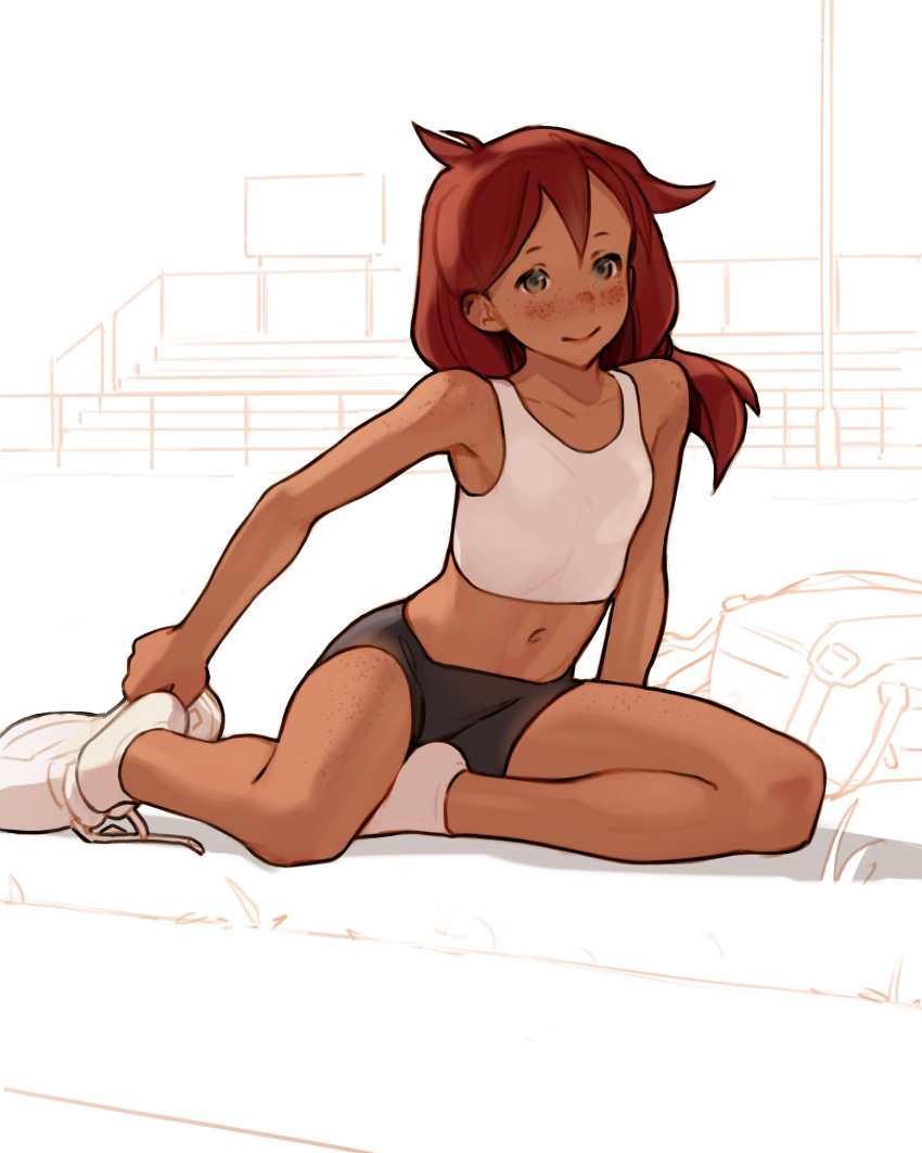 1girl absurdres bike_shorts black_eyes body_freckles breasts closed_mouth dark-skinned_female dark_skin freckles highres looking_at_viewer luimiart midriff navel original red_hair shirt shoes small_breasts smile solo white_footwear white_shirt