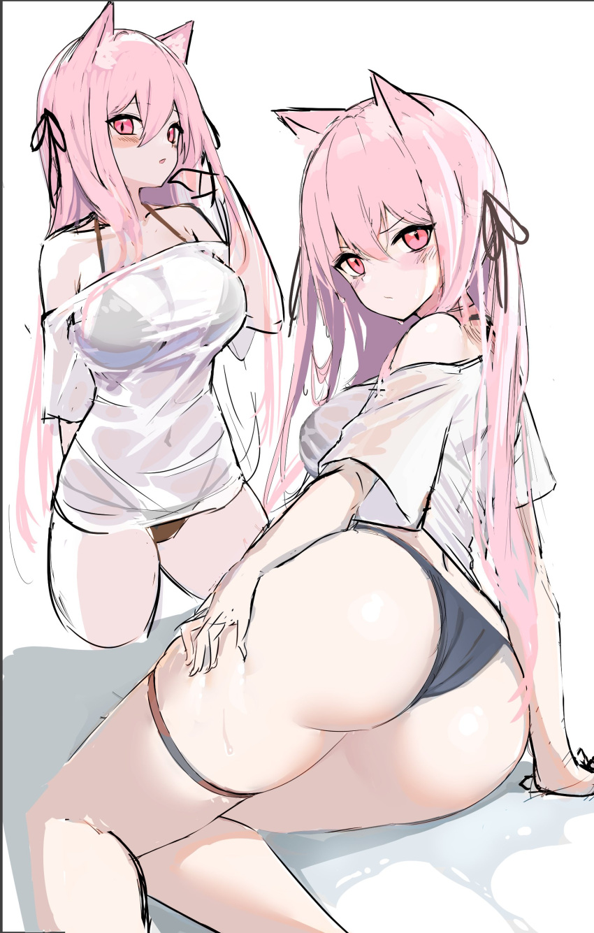 1girl absurdres animal_ears ass bare_shoulders bikini black_bikini breasts cleavage fox_ears from_behind frown hair_ribbon halterneck hand_on_own_thigh highres kurotobi_rarumu large_breasts long_hair looking_at_viewer looking_back multiple_views no_pants off_shoulder original parted_lips pink_eyes pink_hair ribbon see-through shirt short_sleeves skindentation string_bikini swimsuit thigh_strap thighs unfinished v-shaped_eyebrows white_shirt