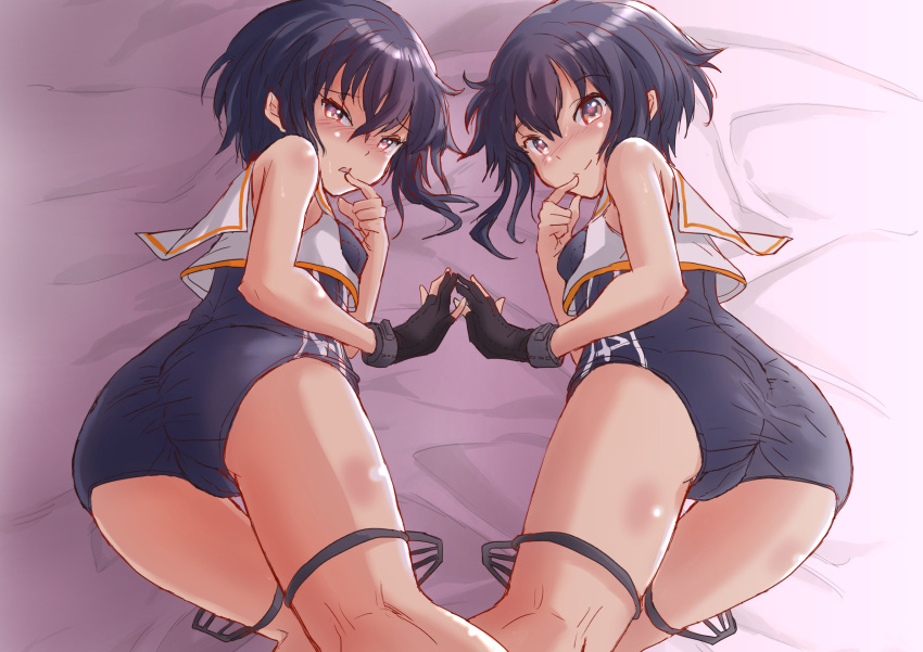 2girls asymmetrical_hair black_gloves black_hair black_swimsuit brown_eyes commentary_request cowboy_shot crop_top framed_breasts fuji_(pixiv24804665) gloves hair_between_eyes highres i-13_(kancolle) i-14_(kancolle) kantai_collection lying multiple_girls on_side partially_fingerless_gloves sailor_collar school_swimsuit school_uniform short_hair single_glove swimsuit symmetry white_sailor_collar