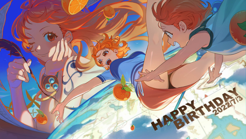 1girl age_comparison age_progression bare_shoulders bikini bikini_top_only blue_sky bracelet breasts child dated dress feathers food fruit globe happy_birthday highres holding holding_feather jewelry large_breasts legs long_hair looking_at_viewer mandarin_orange map multiple_views nami_(one_piece) one_eye_closed one_piece open_mouth orange_eyes orange_hair qin_(7833198) shirt short_hair shoulder_tattoo skirt sky sleeveless sleeveless_dress smile swimsuit t-shirt tattoo windmill younger