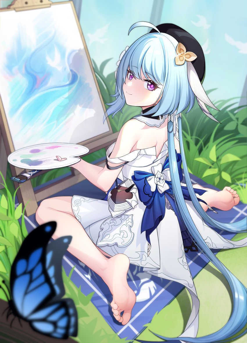 1girl absurdres ahoge art_brush barefoot blue_hair bug butterfly closed_mouth feet griseo hair_between_eyes hat highres holding holding_palette honkai_(series) honkai_impact_3rd jiachong_jun_z long_hair looking_at_viewer paintbrush palette_(object) purple_eyes sitting smile soles solo very_long_hair wariza