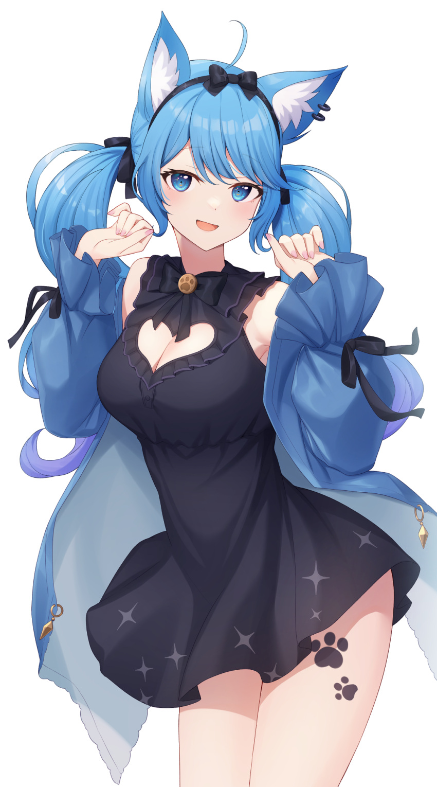 1girl 774_inc. :d ahoge animal_ear_fluff animal_ears armpits bare_shoulders black_dress blue_eyes blue_hair blue_jacket bow bowtie breasts cat_ears cleavage cleavage_cutout clothing_cutout cowboy_shot dress frilled_dress frills hair_ribbon hairband hands_up heart_cutout highres jacket leg_tattoo long_hair long_sleeves looking_at_viewer medium_breasts nishino_eri off_shoulder open_clothes open_jacket open_mouth paw_tattoo puffy_sleeves ribbon sidelocks sleeveless sleeveless_dress smile solo souya_ichika standing tattoo thighs twintails virtual_youtuber