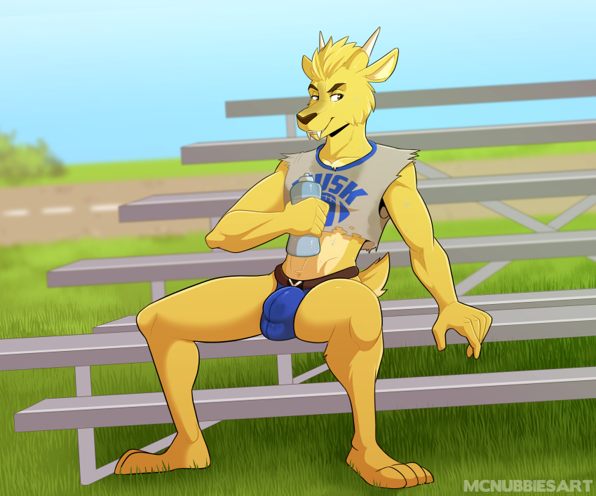 absurd_res american_football anthro barefoot bleachers bodily_fluids bulge cervid cervine clothing crop_top dj_strap fangs feet football_field fur hi_res horn jockstrap male mammal mcnubbies muntjac shirt sitting solo sport sweat text text_on_clothing text_on_topwear topwear underwear water_bottle yellow_body yellow_fur