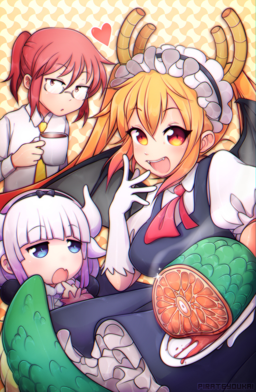 3girls :d absurdres bangs black_dress blonde_hair blue_eyes bow coffee collared_shirt cup dragon_girl dragon_horns dragon_tail dress glasses gloves heart highres holding holding_cup holding_plate horns kobayashi-san_chi_no_maidragon long_sleeves looking_at_viewer maid mug multiple_girls neckerchief necktie pink_dress plate ponytail purple_hair red_bow red_eyes red_neckerchief sami_(pirateyoukai) shirt short_hair short_sleeves smile tail twintails white_gloves white_shirt yellow_eyes yellow_necktie