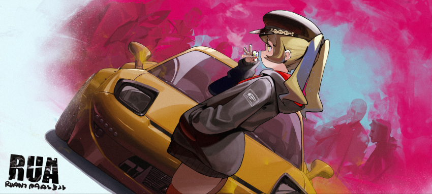 1girl blonde_hair car dutch_angle fingernails ground_vehicle hat highres holding jacket long_sleeves motor_vehicle multicolored_nails orange_legwear original parted_lips smoking solo_focus standing thighhighs twintails waterkuma yellow_eyes