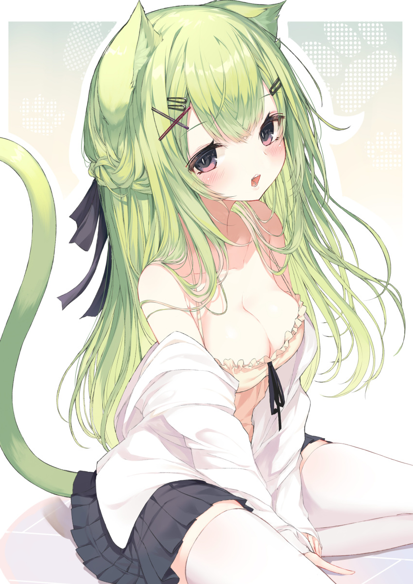 1girl absurdres animal_ears bangs blush breasts brown_eyes cat_ears cat_tail cleavage green_hair hair_ornament hairclip highres long_hair looking_at_viewer medium_breasts open_mouth original pleated_skirt sitting skirt solo tail thighhighs white_legwear yuui_hutabakirage