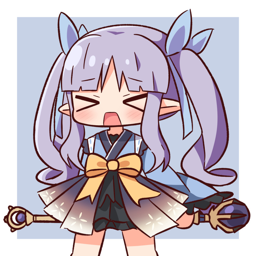 &gt;_&lt; 1girl bangs blue_background blue_kimono blue_ribbon chibi closed_eyes facing_viewer hair_ribbon hana_kazari highres holding holding_staff japanese_clothes kimono kyouka_(princess_connect!) long_hair long_sleeves open_mouth orb parted_bangs pointy_ears princess_connect! purple_hair ribbon solo staff twintails two-tone_background v-shaped_eyebrows very_long_hair vlad_iii_(fate/apocrypha) white_background wide_sleeves