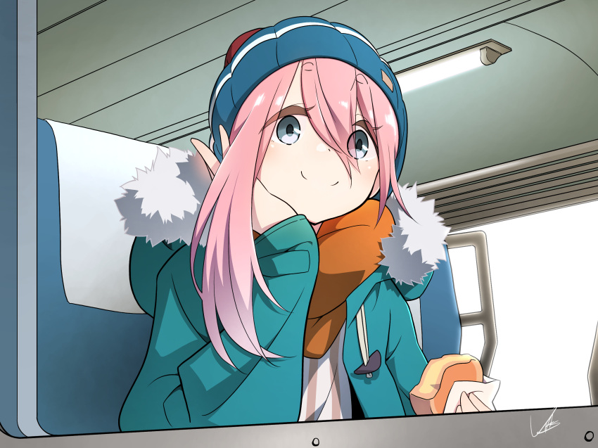 1girl beanie hat head_rest highres jacket kagamihara_nadeshiko pink_hair smile solo yasu_(pixiv) yurucamp