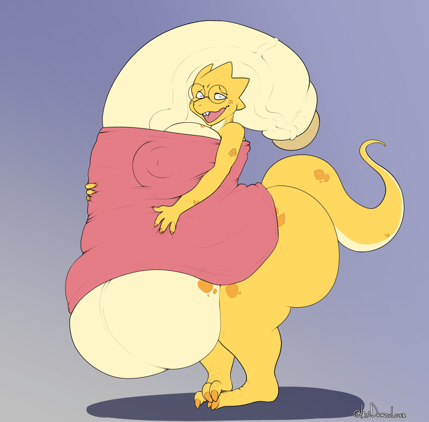 2022 absurd_res alphys anthro balls big_balls big_breasts big_butt big_penis breasts butt digital_media_(artwork) dinosaur embrace eyewear flaccid genitals glasses gynomorph hi_res hug huge_balls huge_breasts huge_butt huge_penis humanoid_genitalia humanoid_penis hyper hyper_balls hyper_genitalia hyper_penis iandragonlover intersex long_penis looking_at_viewer nipple_outline penis penis_hug reptile scales scalie solo thick_tail towel towel_only undertale_(series) vein veiny_penis yellow_body yellow_scales