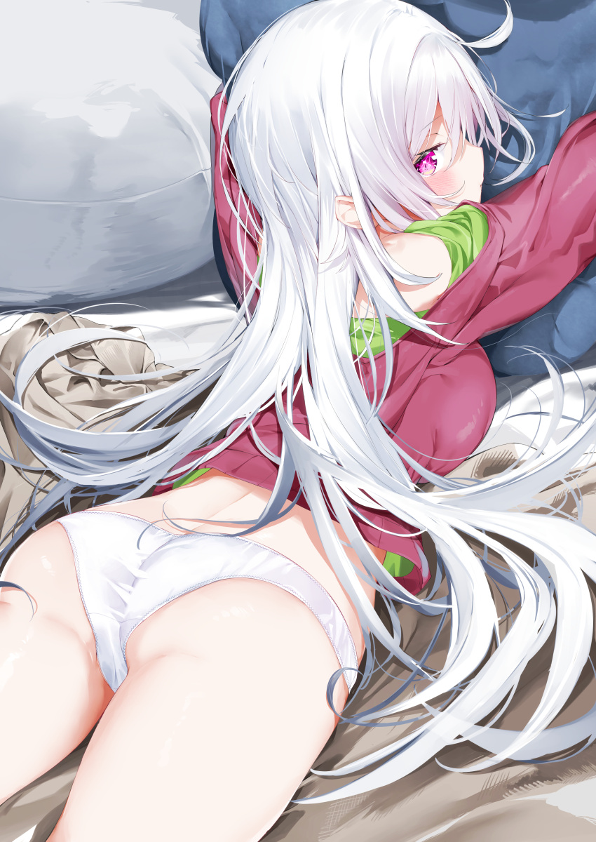 1girl absurdres ass bangs blush breasts closed_mouth commentary_request hair_between_eyes highres hood hood_down hoodie kamioka_shun'ya long_hair looking_at_viewer looking_back lying medium_breasts no_pants on_stomach original panties pillow purple_eyes red_hoodie shiori_(kamioka_shun'ya) solo underwear very_long_hair white_hair white_panties