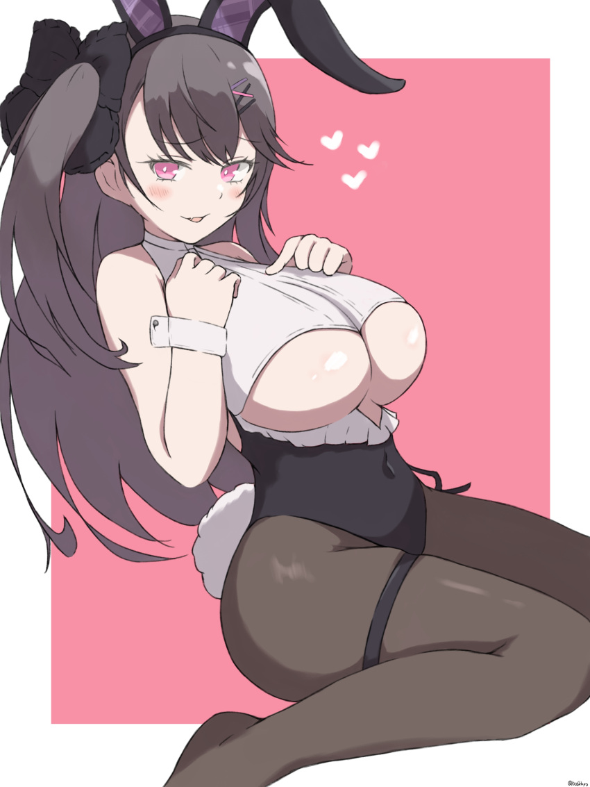 1006kbps 1girl absurdres alternate_costume animal_ears azur_lane black_leotard breasts brown_hair brown_legwear clothing_cutout fake_animal_ears from_side full_body hair_ornament hand_on_own_chest highres large_breasts leotard long_hair looking_at_viewer nontraditional_playboy_bunny pamiat_merkuria_(azur_lane) pantyhose pink_background pink_eyes rabbit_ears rabbit_tail solo tail thigh_strap two-tone_background two-tone_leotard underboob underboob_cutout white_background white_leotard x_hair_ornament