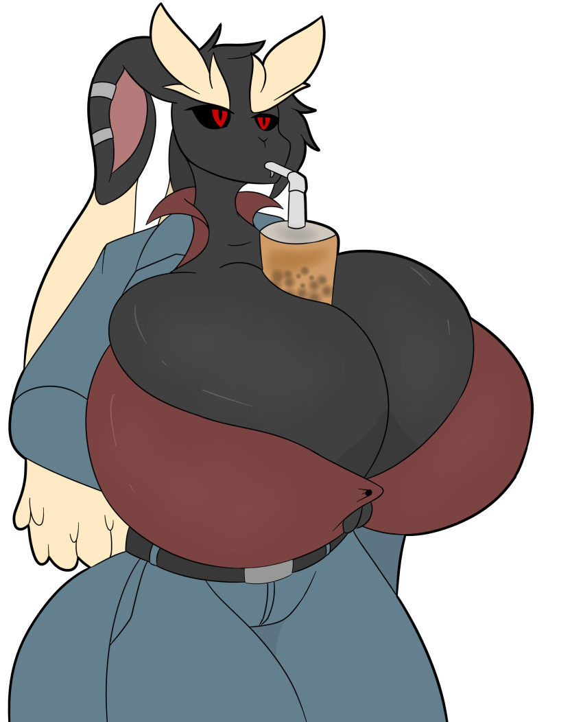 2019 absurd_res anthro beverage big_breasts black_sclera bottomwear breasts bubble_tea clothing container cup drinking ear_piercing facial_piercing female hands-free_bubble_tea hi_res huge_breasts lip_piercing lopunny meme nintendo object_between_breasts pants piercing pok&eacute;mon pok&eacute;mon_(species) red_eyes solo stemingbunbun topwear video_games