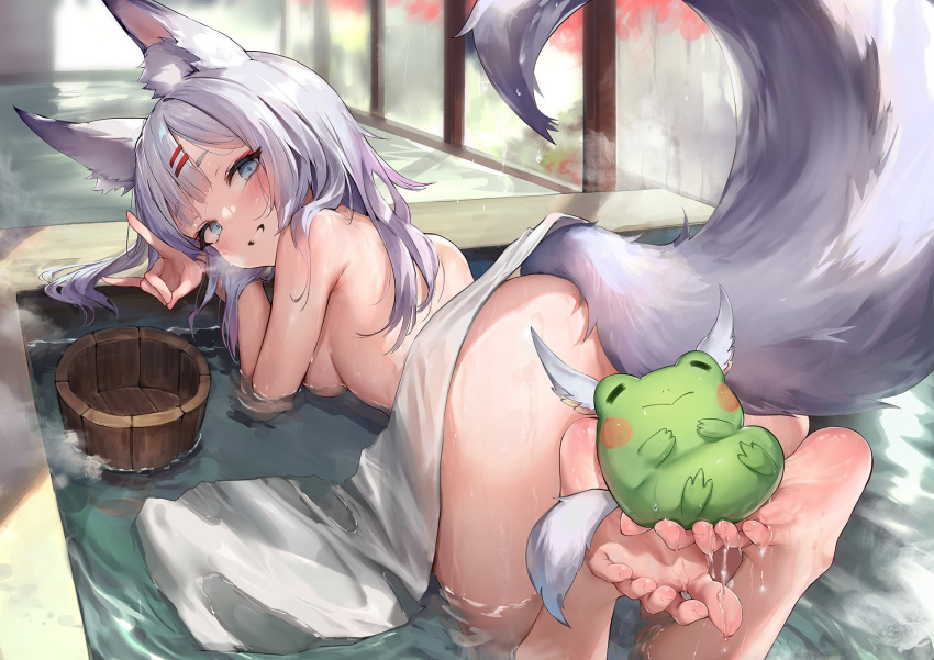 1girl animal_ear_fluff animal_ears ass barefoot bath bathing bathroom blue_eyes breasts cloudhorizonst completely_nude convenient_arm convenient_censoring feet feet_up fox_ears fox_shadow_puppet fox_tail frog from_behind grey_hair grin hair_ornament hairclip highres indoors kneeling leaning_forward long_hair looking_at_viewer looking_back nude original partially_submerged shadow_puppet sideboob smile soles tail thighs toes towel water window