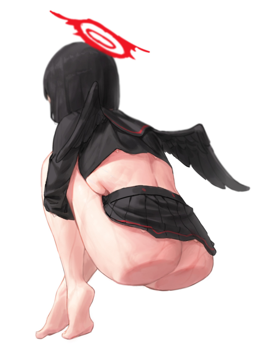 1girl ach_(zjakskwdf) against_glass ass ass_focus ass_on_glass barefoot black_hair black_serafuku black_skirt black_wings blue_archive blurry bob_cut breast_press breasts crop_top dated_commentary depth_of_field facing_away from_behind from_below from_side full_body halo highres hugging_own_legs invisible_chair knees_up long_sleeves mashiro_(blue_archive) midriff miniskirt no_bra no_panties pleated_skirt school_uniform serafuku short_hair sideboob simple_background sitting skirt skirt_set soles solo transparent_seat underboob wet white_background wings wings_through_clothes