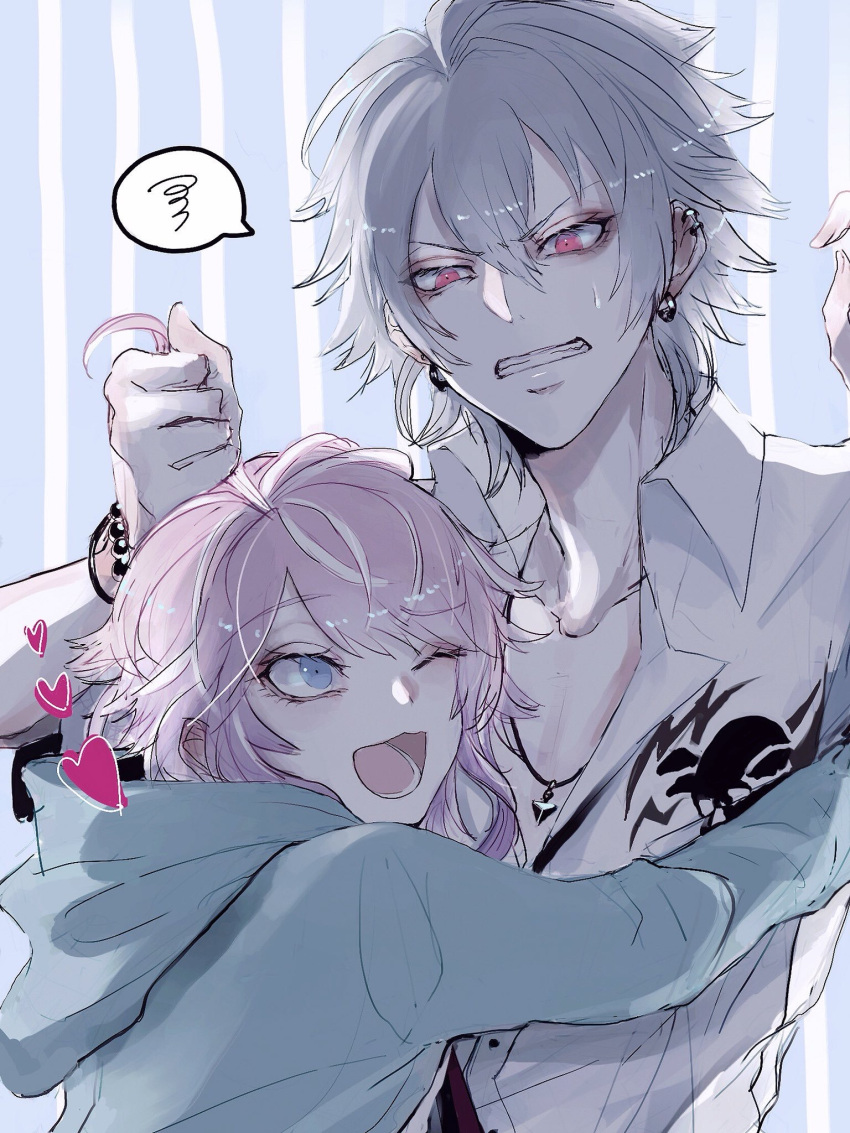 2boys ;d amemura_ramuda annoyed aohitsugi_samatoki bangs blue_eyes collarbone earrings grabbing_another's_hair grimace highres hood hood_down hooded_jacket hypnosis_mic jacket jewelry multiple_boys one_eye_closed pink_hair red_eyes shino_(shino-xx) short_hair sidelocks smile striped striped_background v-shaped_eyebrows white_hair