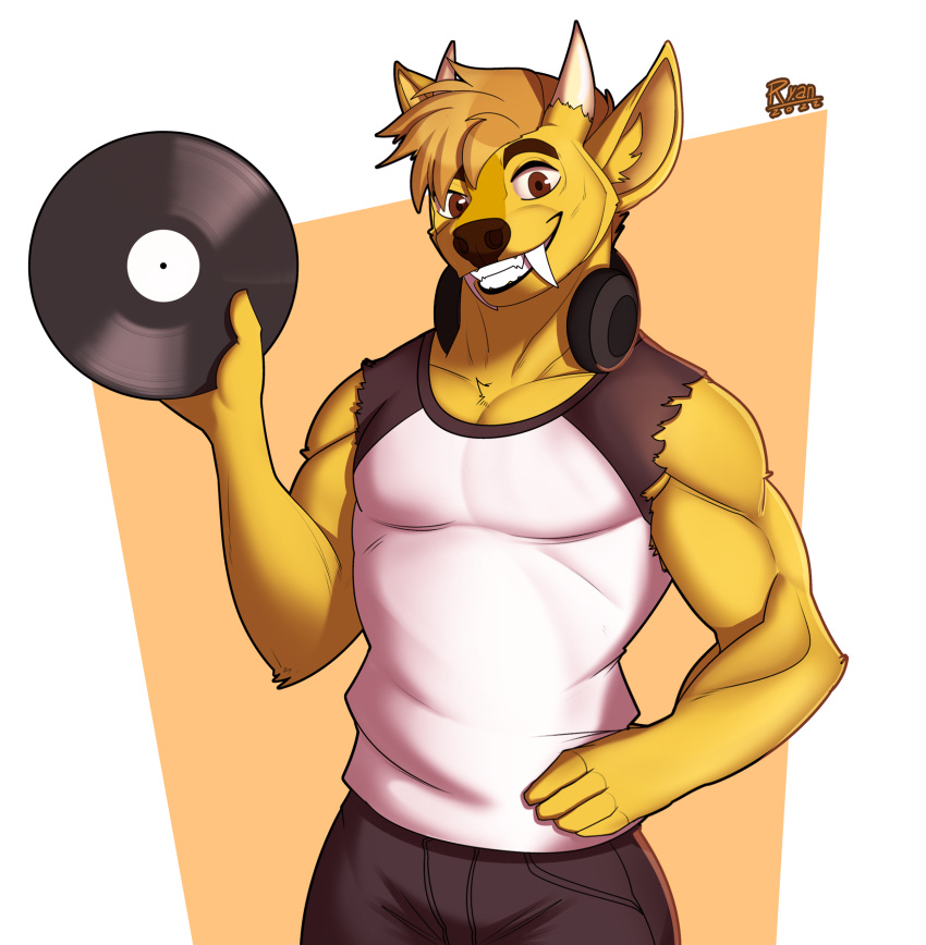 abstract_background anthro bottomwear brown_eyes cervid cervine clothing dj_strap fangs fur headphones headphones_around_neck hi_res horn male mammal muntjac ryanyeen shirt shorts sleeveless_shirt solo topwear vinyl_record yellow_body yellow_fur