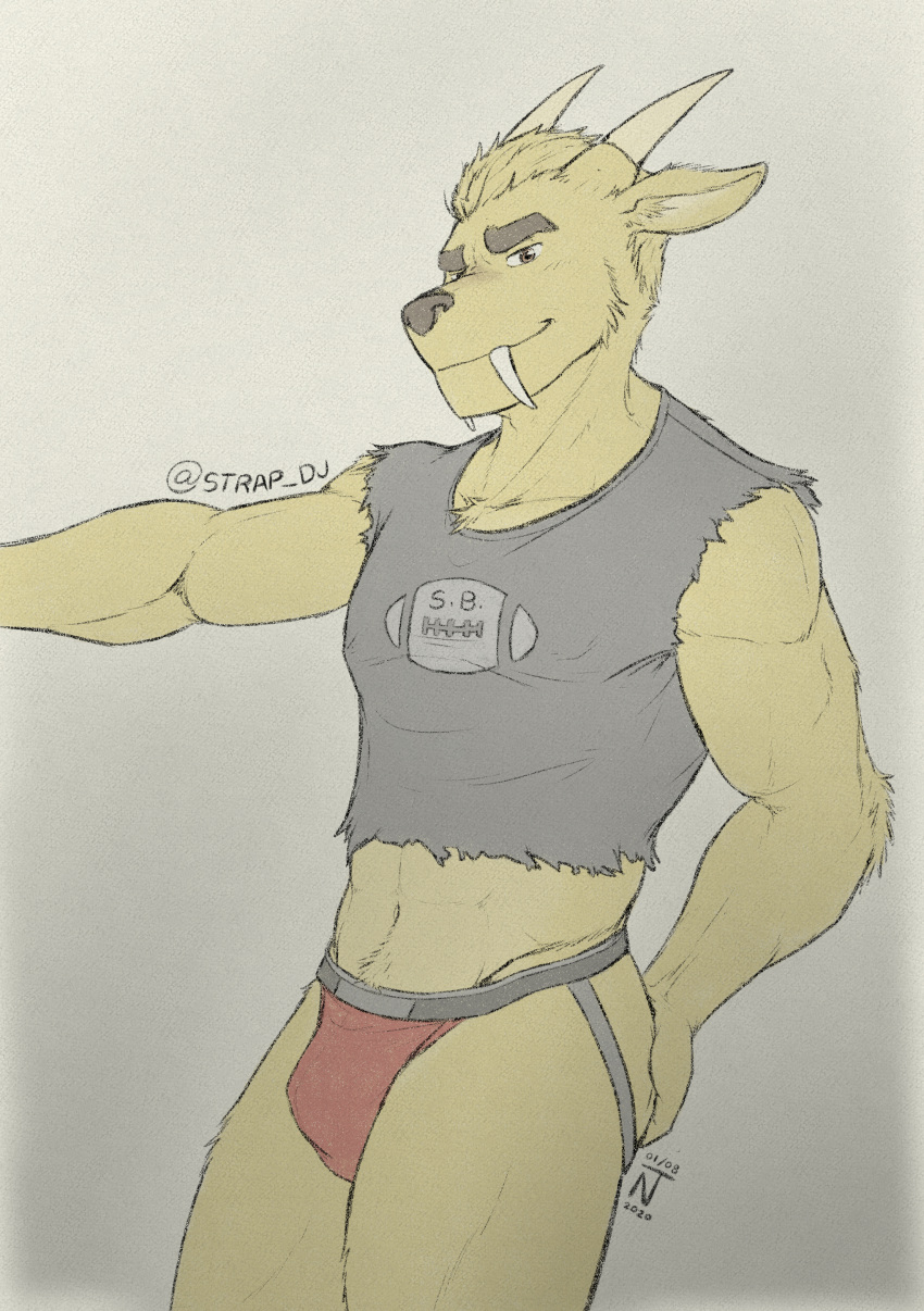 absurd_res american_football anthro cervid cervine clothing crop_top dj_strap fangs fur hi_res horn jockstrap male mammal midriff muntjac ninjatertel shirt solo sport text text_on_clothing text_on_topwear topwear underwear yellow_body yellow_fur