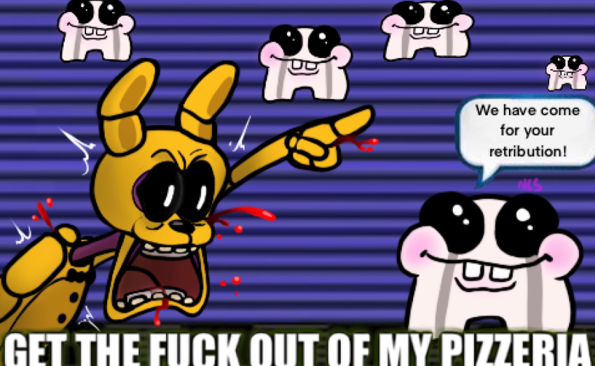 2022 angry animatronic anthro blood bodily_fluids dialogue english_text five_nights_at_freddy's five_nights_at_freddy's_3 frown gesture ghost group hi_res humanoid humor lagomorph leporid machine male mammal meme motion_lines ncs nickelodeon open_frown open_mouth pattern_background pointing profanity purple_background rabbit robot scottgames shitpost simple_background spirit spongebob_squarepants springtrap_(fnaf) striped_background teeth text tongue video_games william_afton_(fnaf)