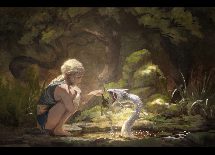 1girl animal arm_wrap bangs bare_legs bare_shoulders barefoot blonde_hair blue_dress braid check_copyright circlet commentary_request copyright_request dappled_sunlight day dragon dress elf feeding forehead_jewel frog from_side grass hand_on_own_knee holding holding_animal hugging_own_legs letterboxed long_hair looking_at_animal looking_away minami_cha mini_dragon moss nature open_mouth original outdoors outstretched_arm pointy_ears pond profile rock sash short_dress sleeveless sleeveless_dress squatting sunlight tree water