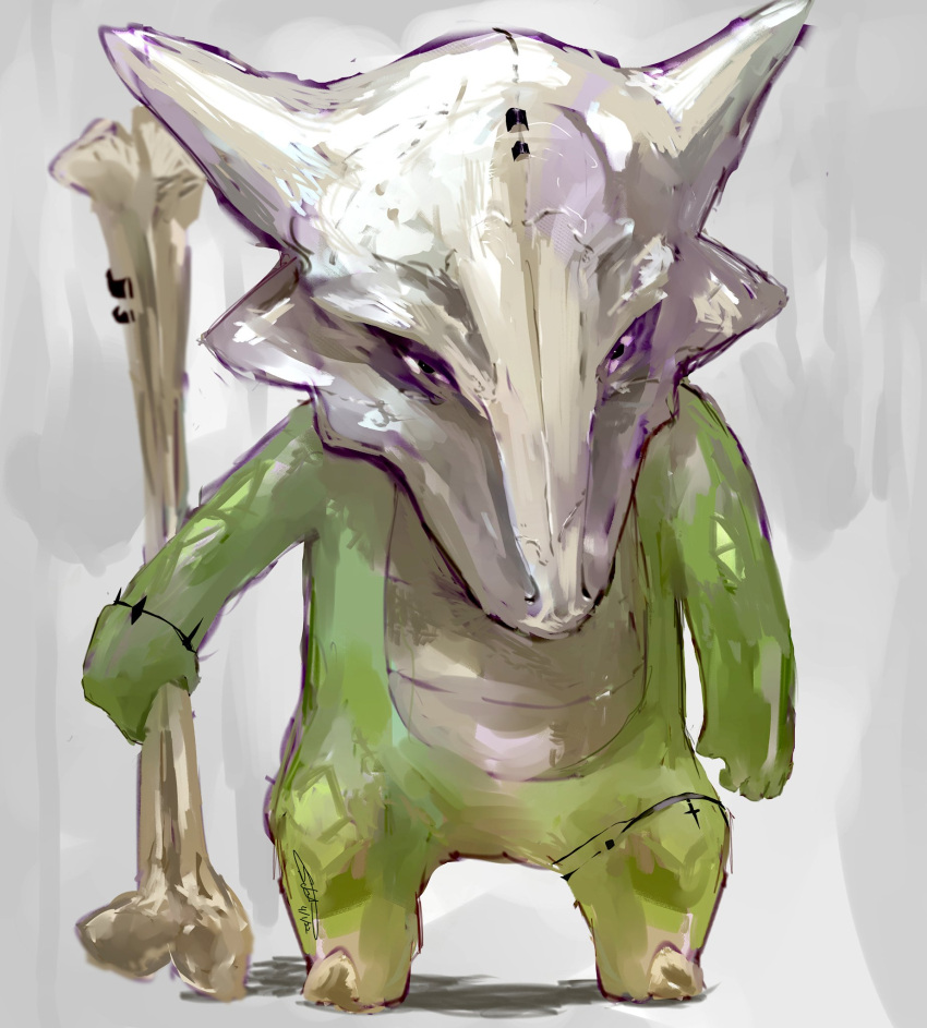 ambiguous_gender belly biped bone colored countershading digital_media_(artwork) digital_painting_(artwork) green_body green_skin hi_res holding_bone holding_object holding_weapon marowak mask nintendo pok&eacute;mon pok&eacute;mon_(species) semi-anthro shaded shiny_pok&eacute;mon skull skull_mask solo solo_focus sukep video_games weapon white_belly white_body white_countershading